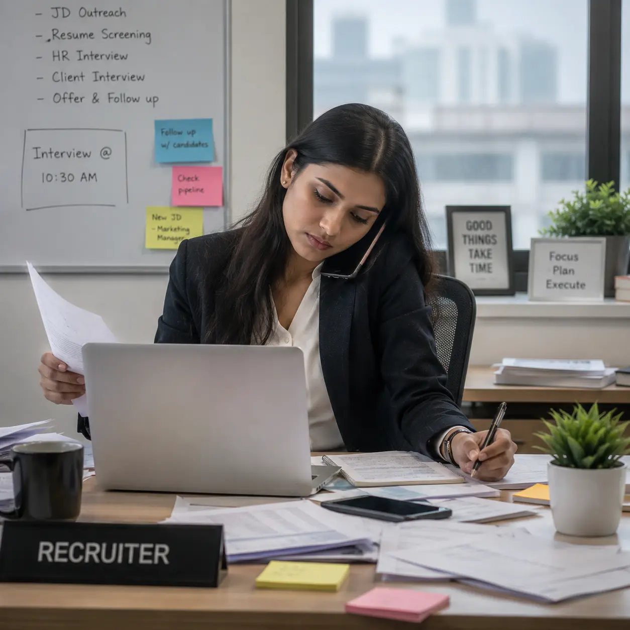 A recruiter buried in an unsorted pile of applications