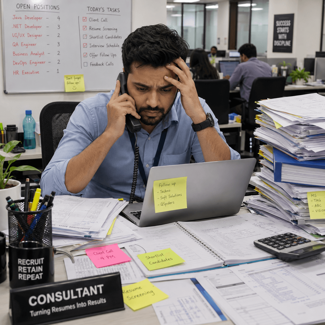A recruiter buried in an unsorted pile of applications