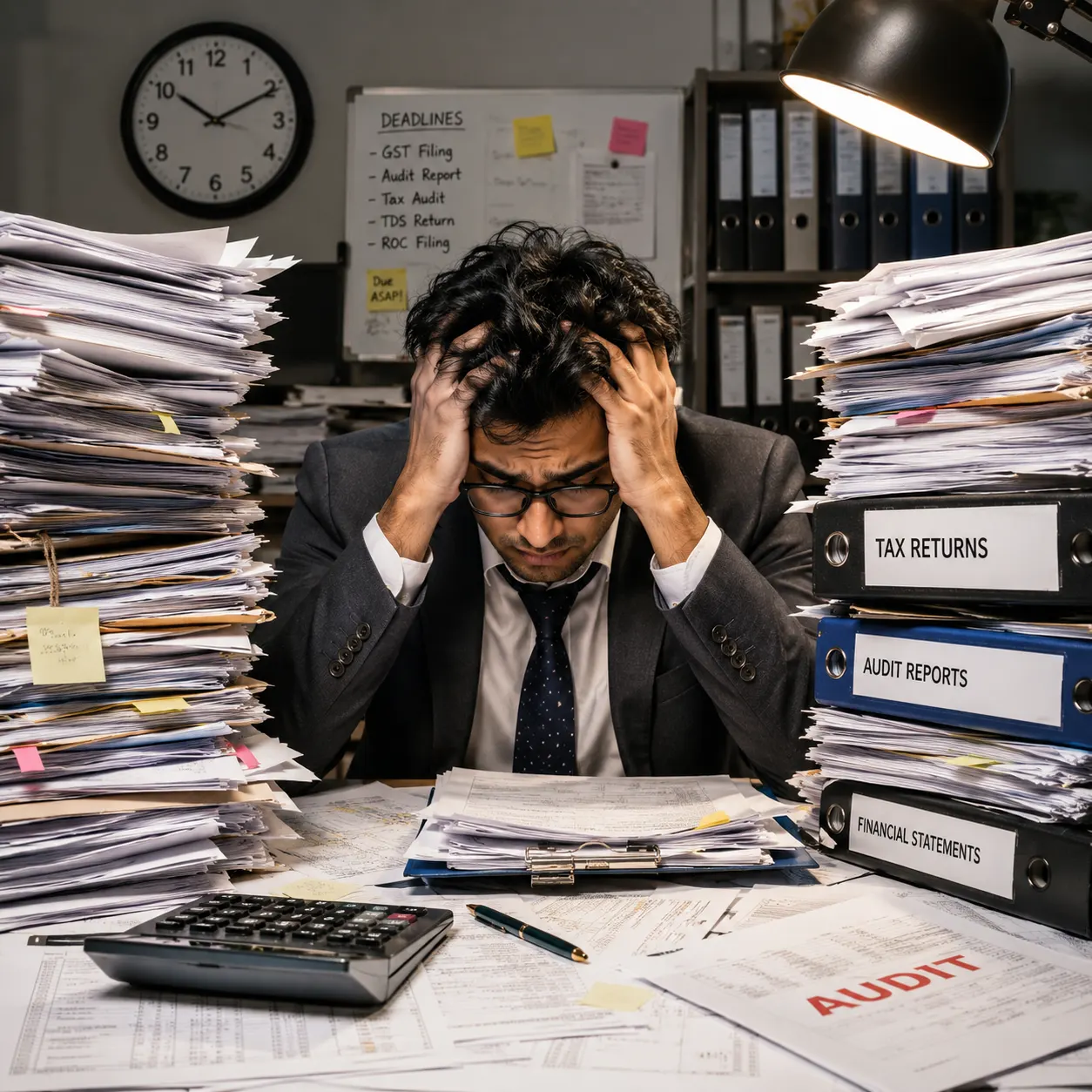 A recruiter buried in an unsorted pile of applications
