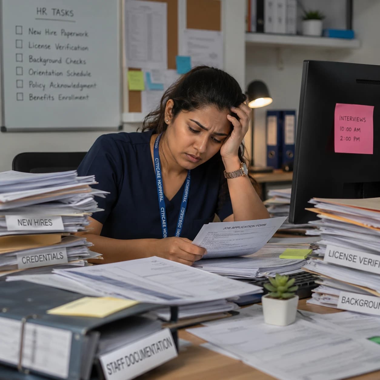 A recruiter buried in an unsorted pile of applications
